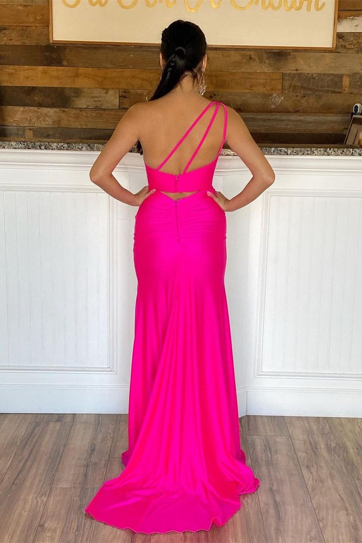 Hot Pink One Shoulder Satin Formal Dress with Slit      fg3242