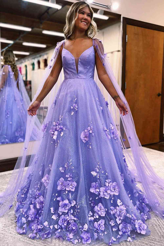 Princess Lavender 3D Flowers Tulle Formal Dress with Cape    fg3294