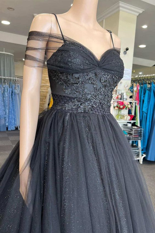 A Line Wedding Dress Princess V Neck Black Tulle Cold-Shoulder Long Prom Gown Formal Dresses   fg3308