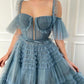 Dusty Blue Tulle Ruffled Gown, Long Tulle Prom Dress, Tiered Skirt Dress     fg3271