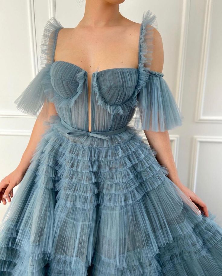 Dusty Blue Tulle Ruffled Gown, Long Tulle Prom Dress, Tiered Skirt Dress     fg3271