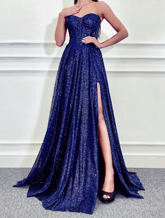 Blue Long Party Dress , Strapless Evening Gown    fg3289