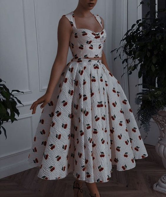 A line white prom dress, two piece prom dress cherry evening dress      fg3324