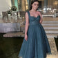 Gray Blue Straps Lace Tulle Popular Modest Prom Dress   fg2550