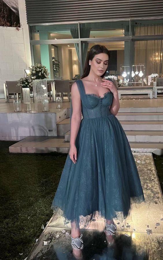 Gray Blue Straps Lace Tulle Popular Modest Prom Dress fg2550 formalgowns Gray Blue Straps Lace Tulle Popular Modest Prom Dress fg2550 formalgowns