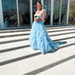 Light Sky Blue Tulle Princess Ruffle Straps With Tiered Long Prom Dress    fg3101