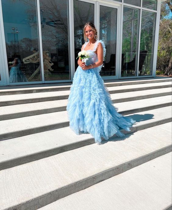 Light Sky Blue Tulle Princess Ruffle Straps With Tiered Long Prom Dress    fg3101