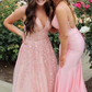 A-Line V-Neck Sleeveless Spaghetti Straps Light Blue Lace Long Prom Dresses    fg3089