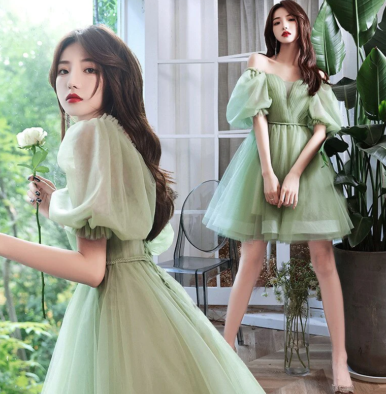 Green Puff Sleeve V-Neck Short Women Evening Dress  Homecoming Dress     fg1072