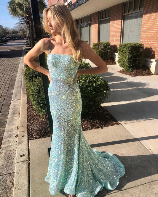 2023 Sparkly Mermaid Scoop Neck Sage Green Sequins Prom Dresses with Slit      fg2345