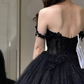 Lace Applique Tulle Dress, Black Glitter Wedding Dress, 3D Flowers Long Evening Gown     fg2942