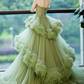 Princess Spaghetti Straps Green Tulle Long Dress A Line Tiered Formal Dress      fg1413
