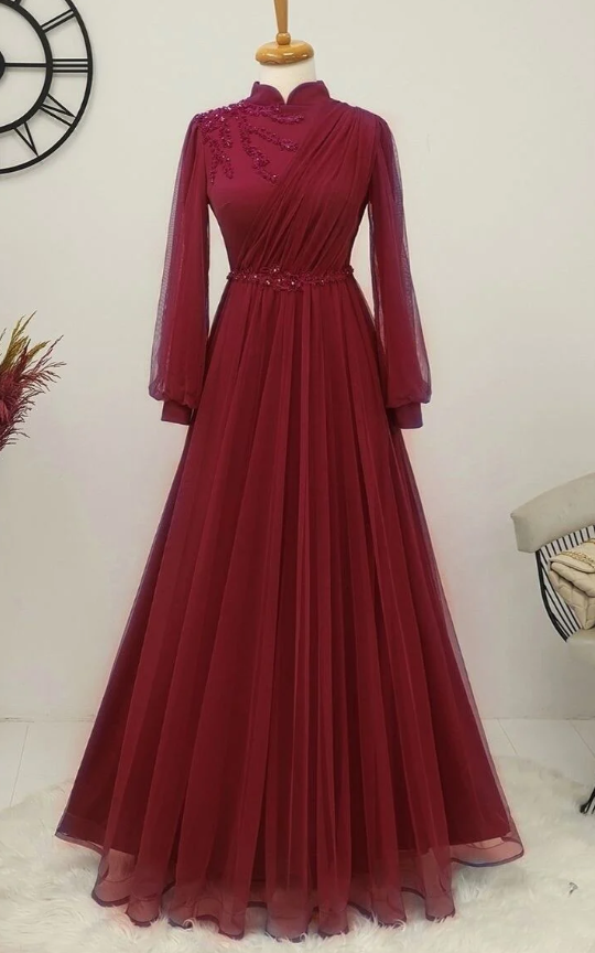 Long Tulle Appliques Full Sleeve Muslim Burgundy Prom Dress High Neck Saudi Arabic A Line Evening Formal Party Gowns   fg1471