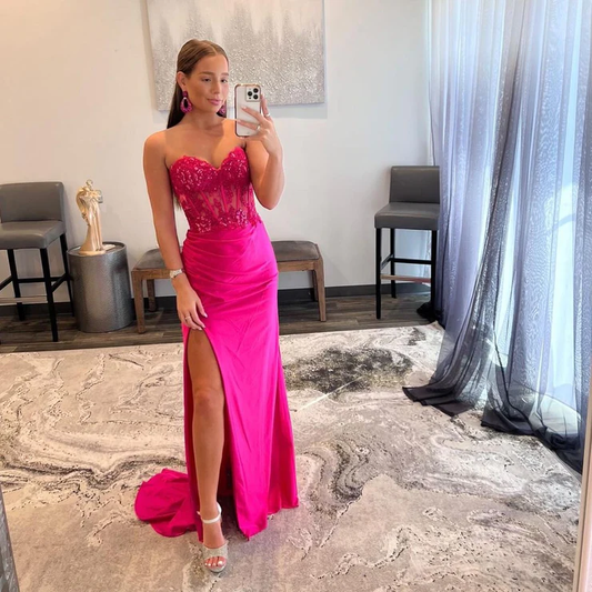 Charming Mermaid Sweetheart Hot Pink Long Prom Dresses with Appliques       fg2349