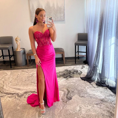 Charming Mermaid Sweetheart Hot Pink Long Prom Dresses with Appliques       fg2349