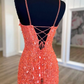 glitter coral sequined prom dress long fromal dress with slit    fg1384