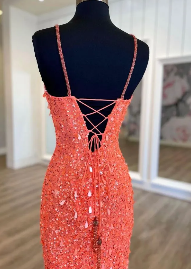 glitter coral sequined prom dress long fromal dress with slit    fg1384