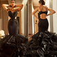 Glamorous Black Spaghetti-Straps Mermaid Prom Dresss Lace Appliques With Ruffles       fg1587