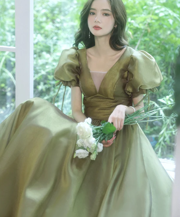 Green Evening Dress, Wedding Guest Dress, Puff Sleeve Dress, Fairy Dre formalgowns Green Evening Dress, Wedding Guest Dress, Puff Sleeve Dress, Fairy Dre formalgowns