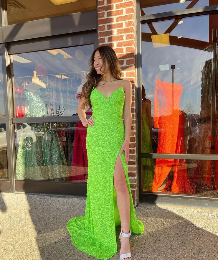 Glitter Mermaid Straps Green Sequins Long Prom Dresses with Slit       fg2377