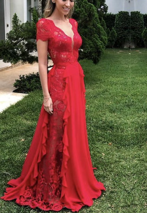 Charming A Line Long Wedding Guest Dress Red Prom Gowns    fg2688