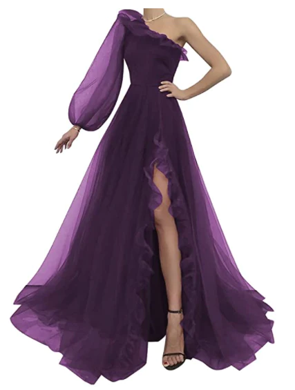 Purple tulle prom dress one shoulder evening dress    fg2484
