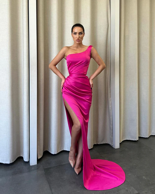 Charming Mermaid One Shoulder Hot Pink Satin Long Prom Dresses with Slit       fg2348