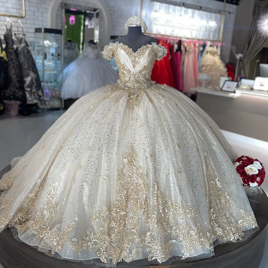 Sparkly Off Shoulder Champagne Quinceañera Dress Party Ball Gown     fg2471