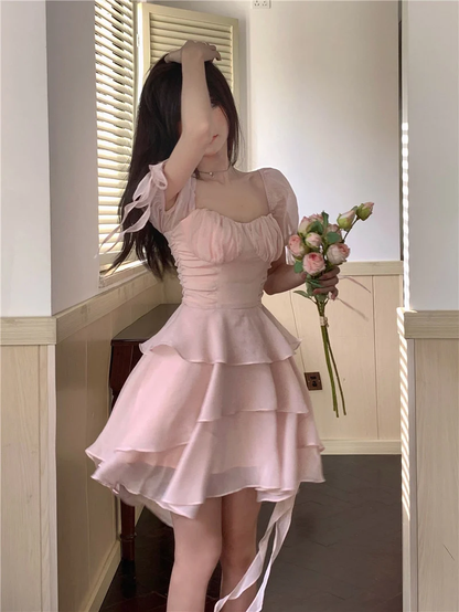 Ruffled Puff Sleeve Dress Solid Square Collar Women's Summer Dress , Homecoming Party Dress    fg2740