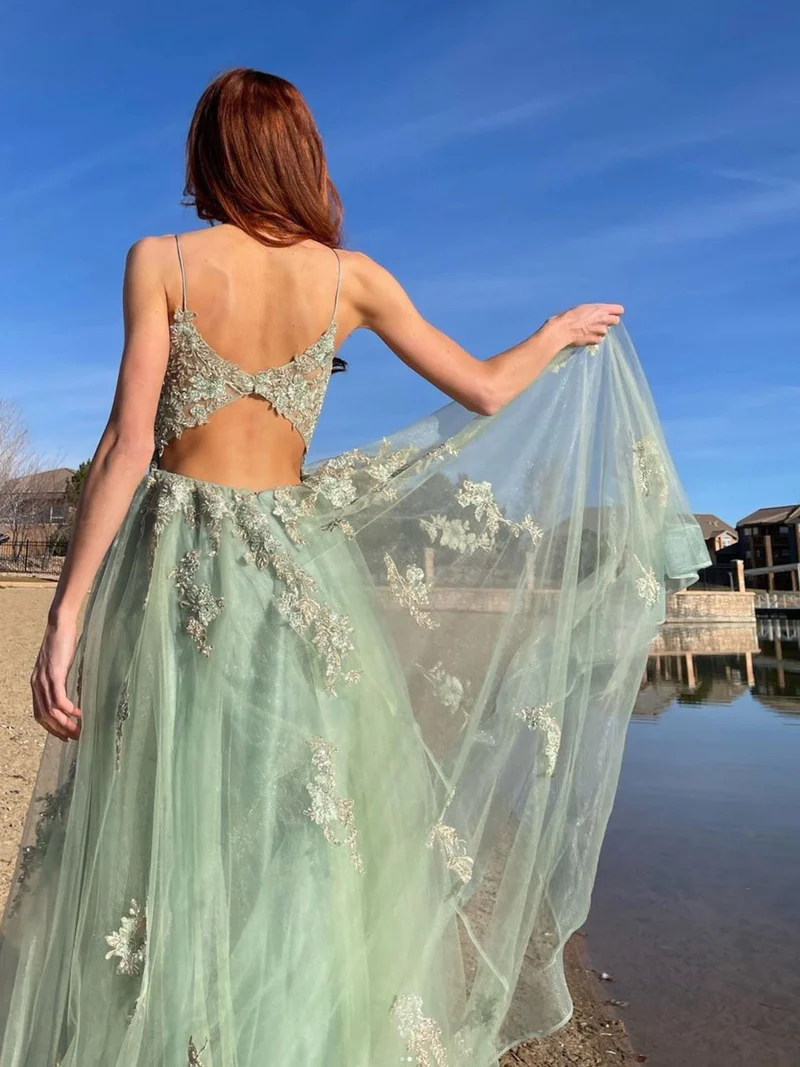 Green tulle lace long prom dress, green tulle lace formal dress     fg1857