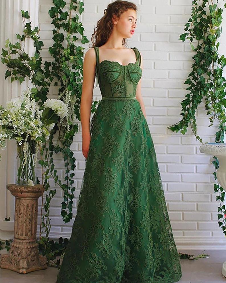 Dark Green Lace Prom Gown,A line Long Green Lace Fairy Prom Dress,Sweetheart Tied Straps Ball Gown Prom Dress, Lace Homecoming/Party Dress    fg2247