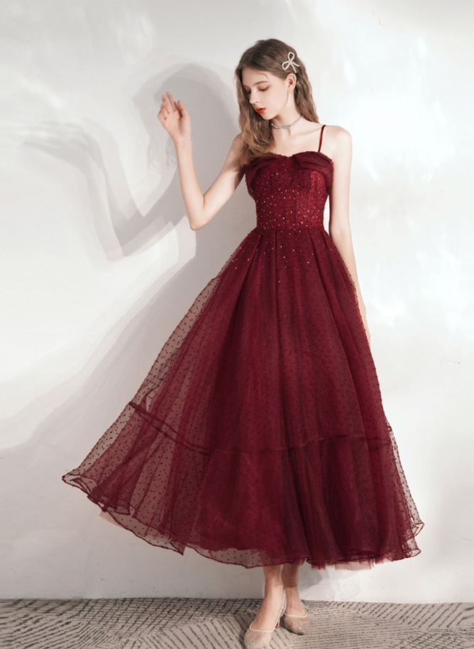 Burgundy sweetheart tulle tea length prom dress fg2804 formalgowns Burgundy sweetheart tulle tea length prom dress fg2804 formalgowns