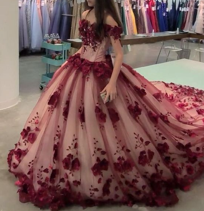 Wine Red Quince Gown with train Charming Prom Dress Ball Gown Evening – formalgowns