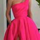 Simple One Shoulder Satin Pink Long Prom Dress, Pink Formal Evening Dress      fg2374