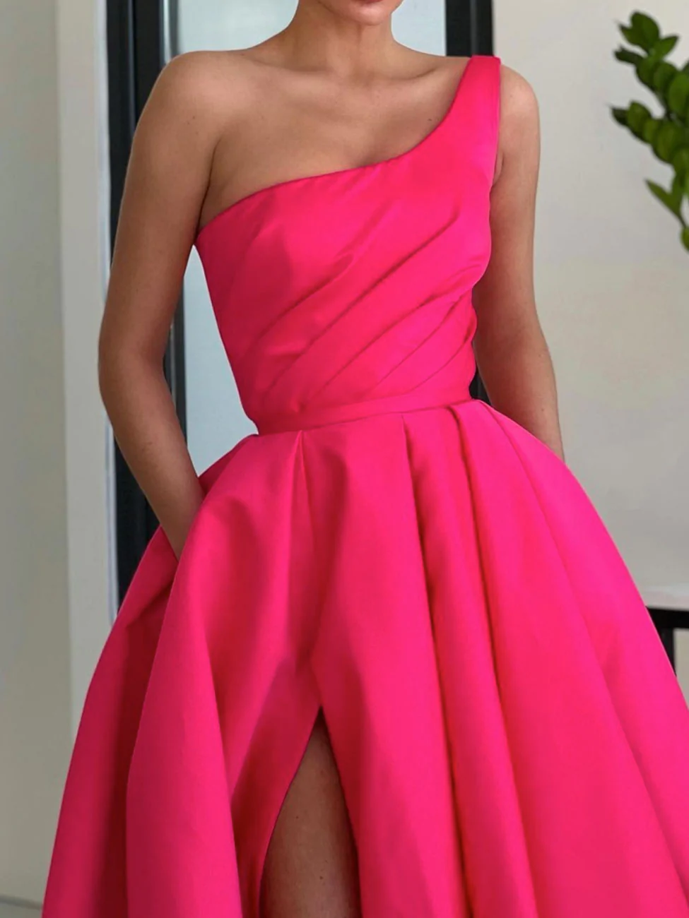 Simple One Shoulder Satin Pink Long Prom Dress, Pink Formal Evening Dress      fg2374