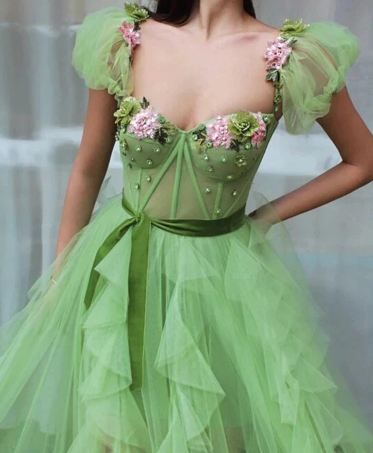 Green Long Tulle Flowers Crystals Prom Dresses Sweetheart High Split Formal Evening Dress    fg1666