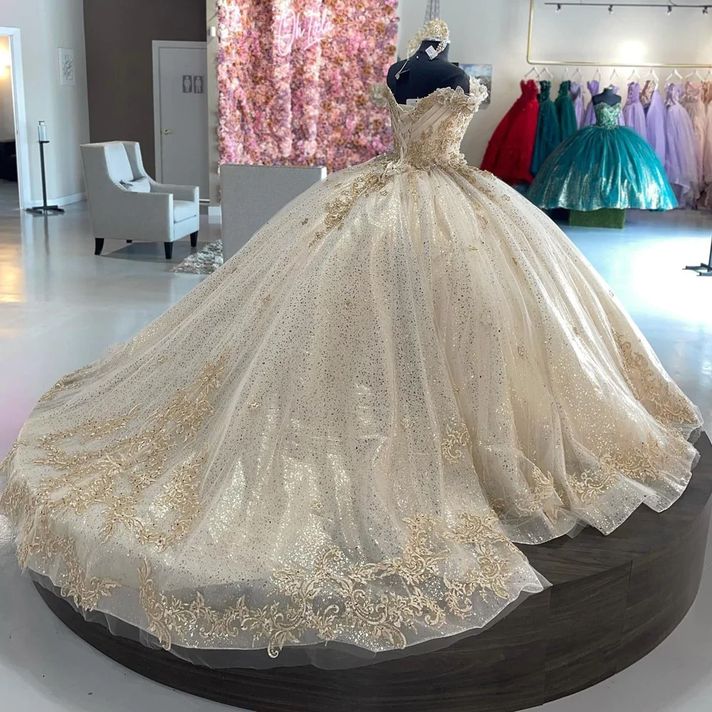 Sparkly Off Shoulder Champagne Quincea era Dress Party Ball Gown