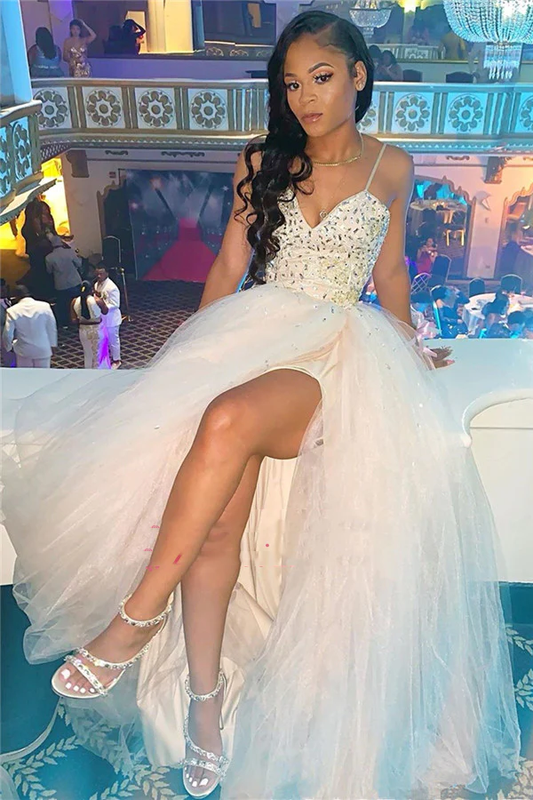 2023 Cheap A Line White Sweetheart Beaded Tulle Side Slit Prom Dresses     fg3133