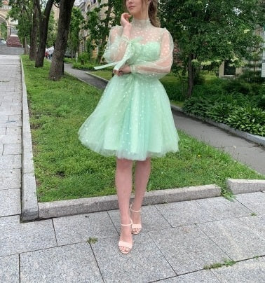 Light Green Short Tulle Prom Dresses,Long Sleeve Homecoming Party Dress    fg2705
