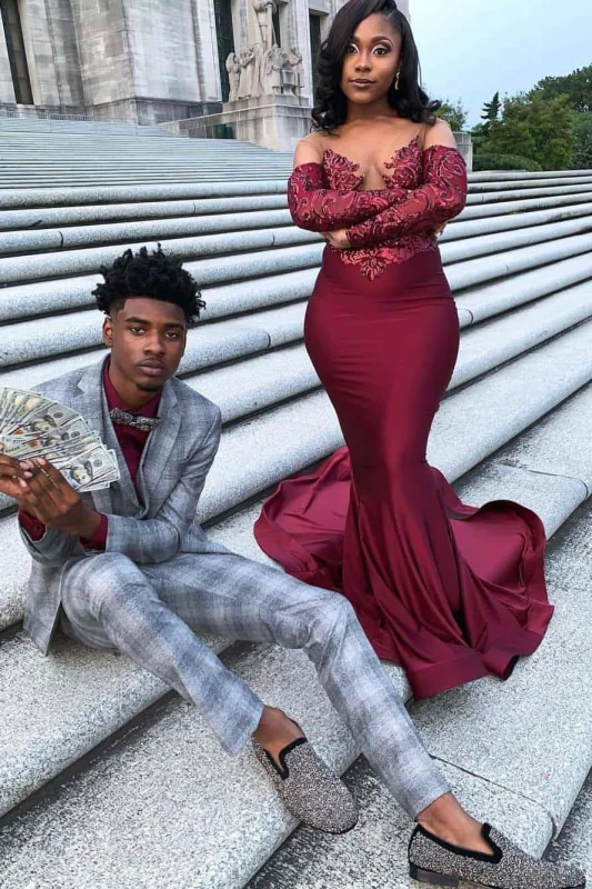 Burgundy long sleeve prom dress discount