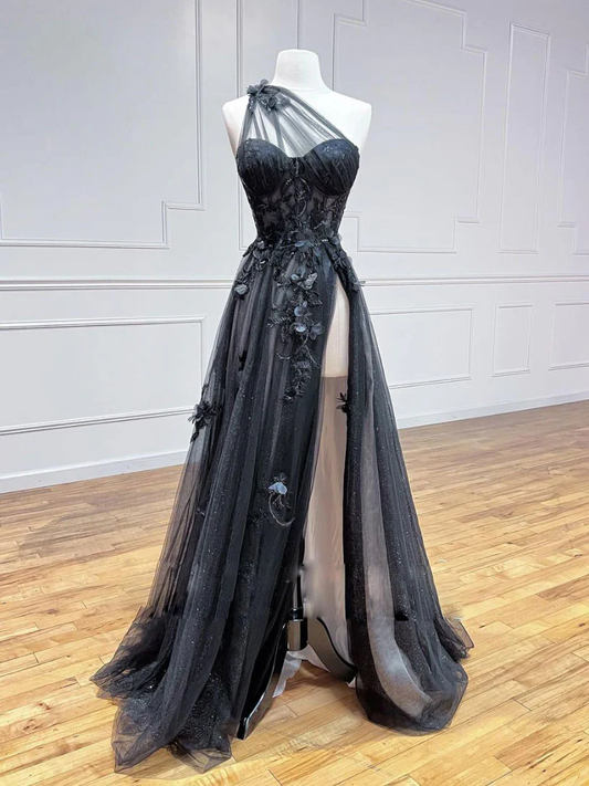 A-Line Black Tulle Lace Long Prom Dress, Black Formal Graduation Dress    fg2232