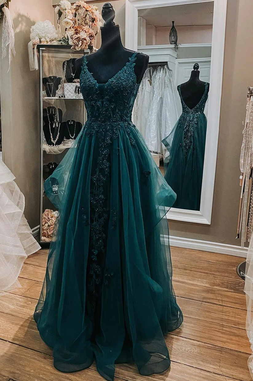V Neck Open Back Dark Green Lace Beaded Long Prom Dresses, Dark Green