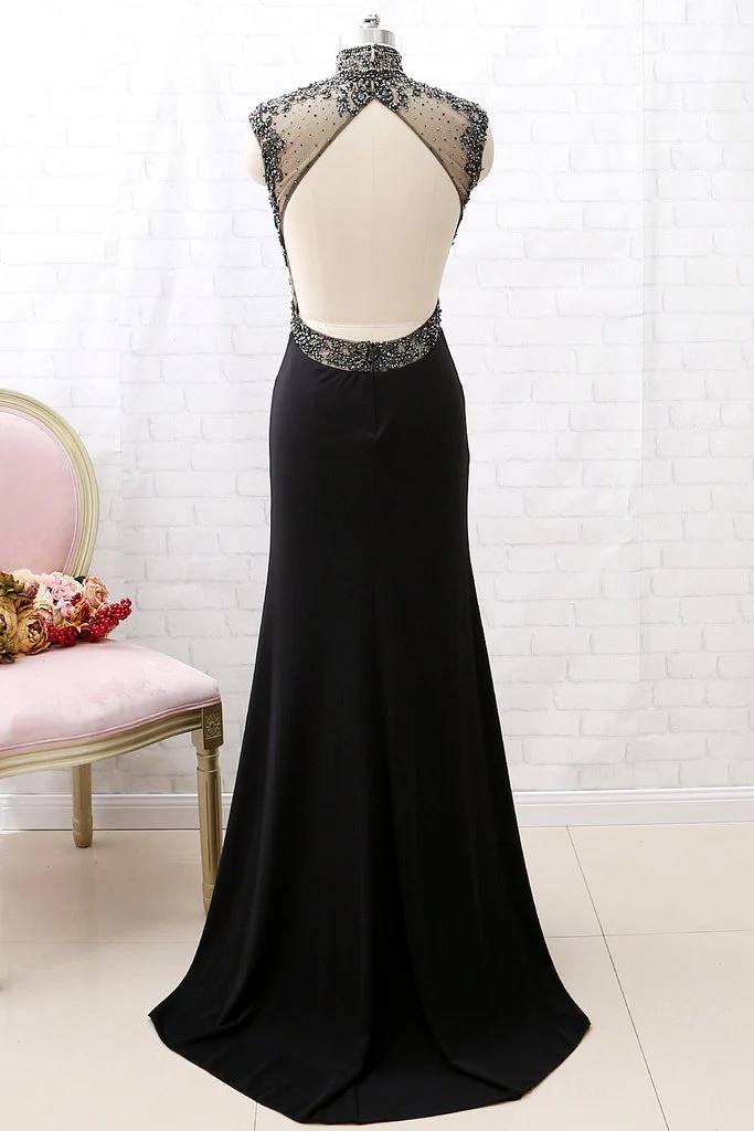 Mermaid High Neck Beaded Black Formal Evening prom Gown with Slit     fg1850