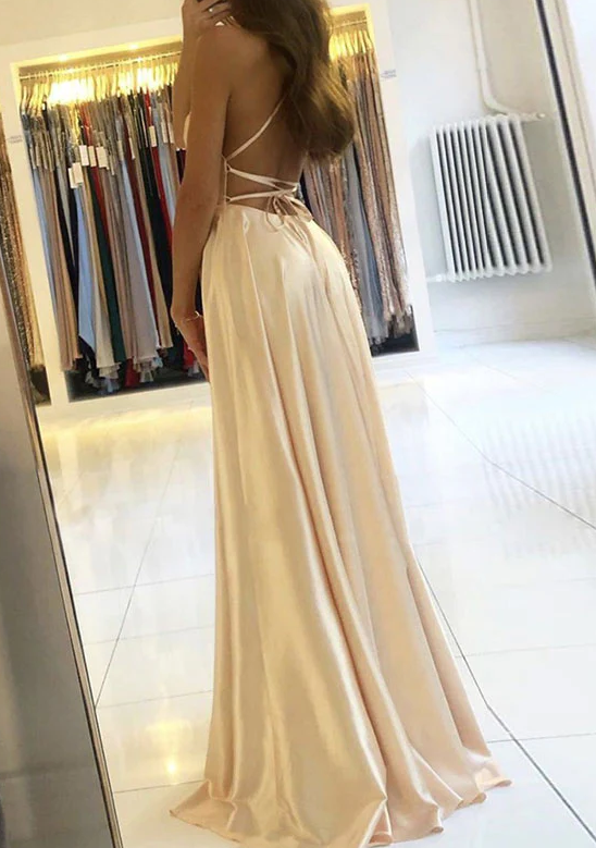 Simple champagne satin long prom dress champagne formal dress     fg1652