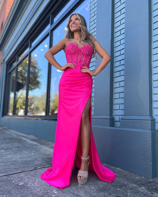 Charming Mermaid Sweetheart Hot Pink Satin Prom Dresses with Slit        fg2356