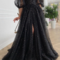 Black Tulle lace dress Black Dress Womens glitter Dress V-neckline Puff Sleeve Party Dress     fg2974