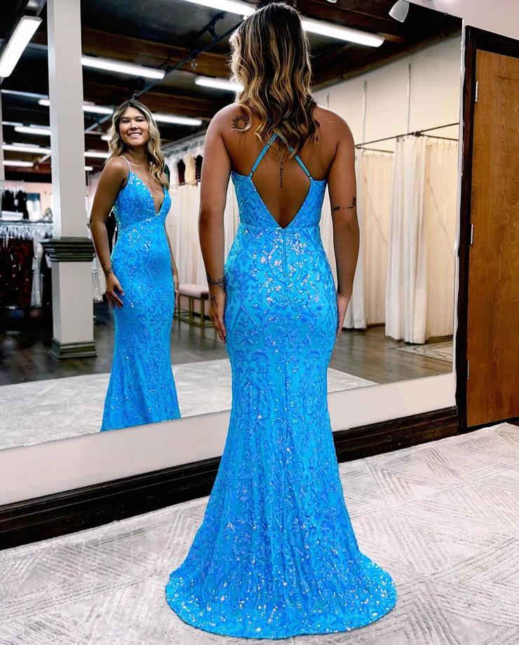 Charming Mermaid V Neck Blue Lace Sequins Long Prom Dresses       fg2346