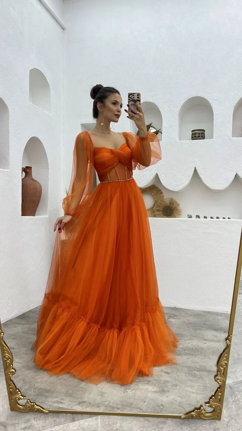 Prom dress fairy, corset burnt orange prom dress, photoshoot dress, pr – formalgowns