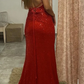 Red Sequins Mermaid Prom Dress V-Neck With Split Spaghetti-Straps     fg3128