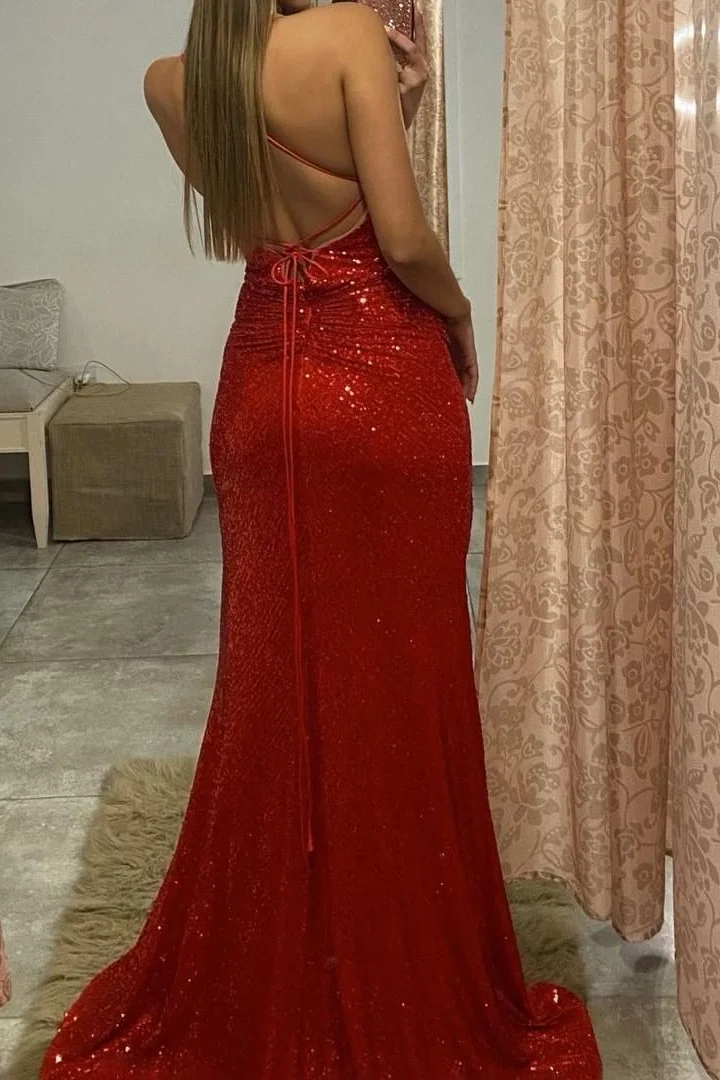 Red Sequins Mermaid Prom Dress V-Neck With Split Spaghetti-Straps     fg3128